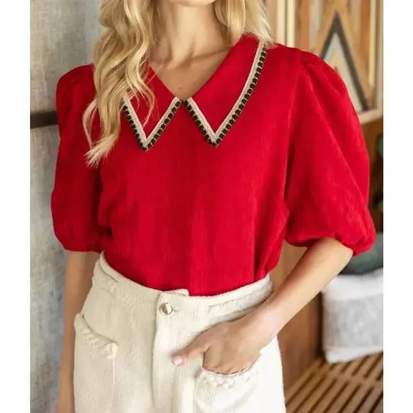 NEW VOY collard knit top in red - Picture 5 of 6